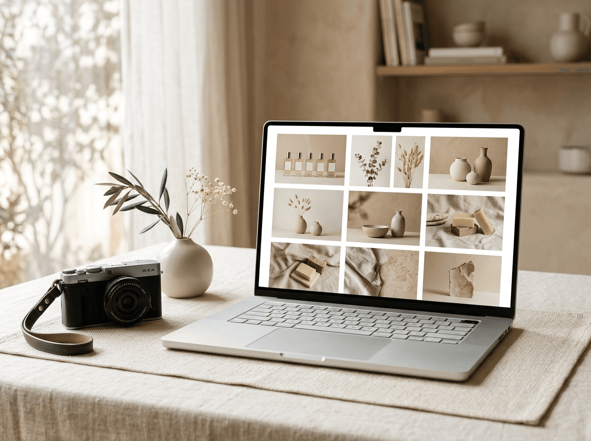 Notebook exibindo uma galeria de fotos de produto criadas com IA